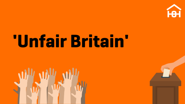 'Unfair Britain' above several raised hands and the image of a hand placing a vote in a ballot.